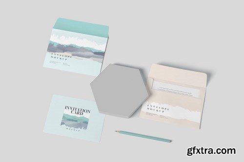 Round Corner Invitation Card & Envelope Mockups