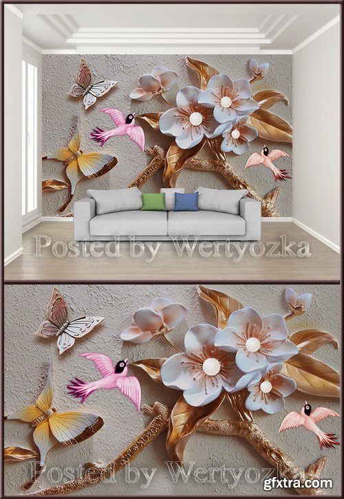 3D psd background wall floral butterfly bird