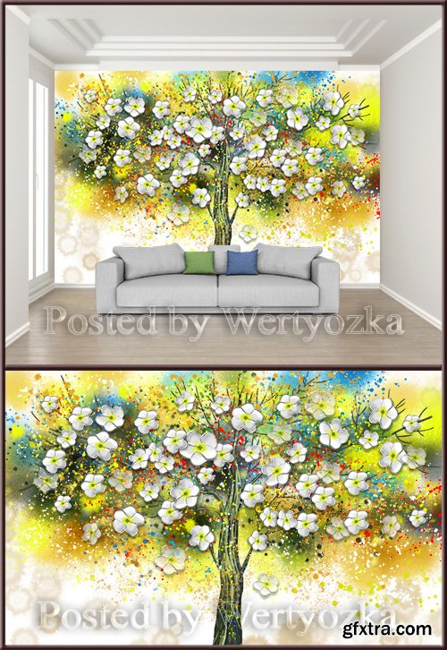 3D psd background wall tree oil painting