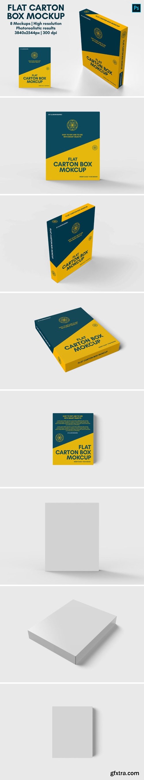 Flat Carton Box Mockup - 8 Views 3683477