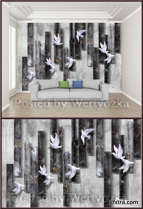3D psd background wall vintage wooden board flying bird