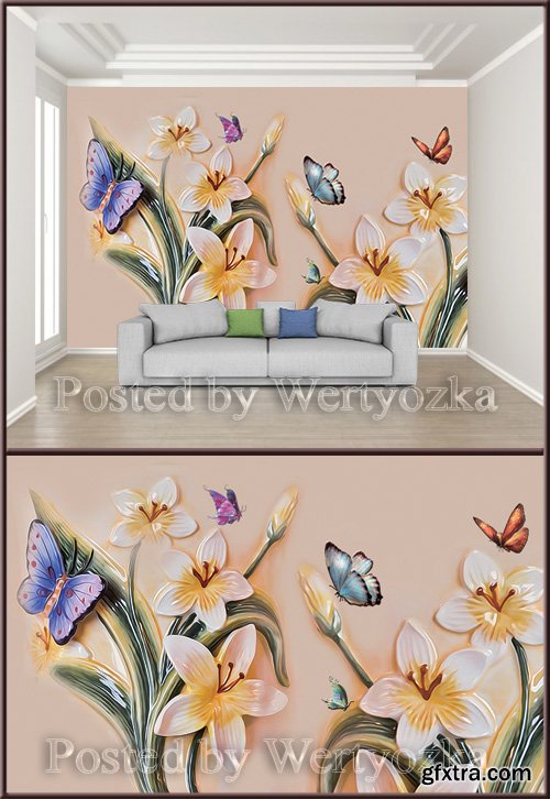 3D psd background wall modern oil painting beautiful butterfly