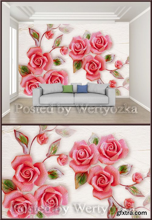 3D psd background wall embossed rose flower