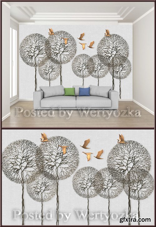 3D psd background wall embossed branches flying birds