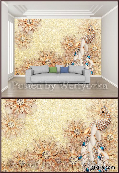 3D psd background wall gorgeous diamond jewelry flower gem peacock