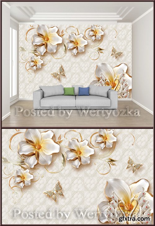 3D psd background wall golden jewels flowers