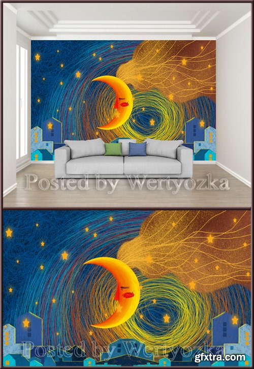 3D psd background wall modern starry moon house