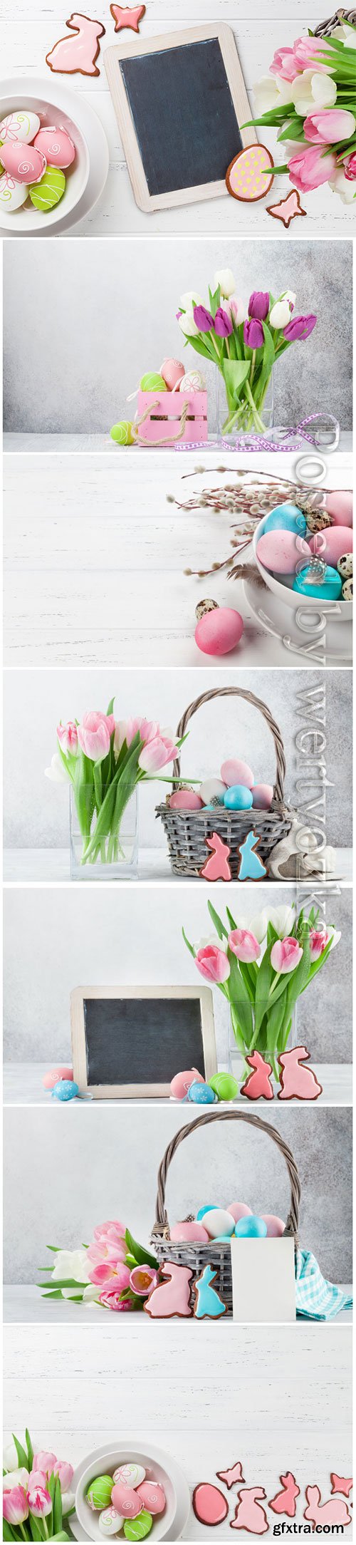 Happy Easter stock photo, Easter eggs, spring flowers