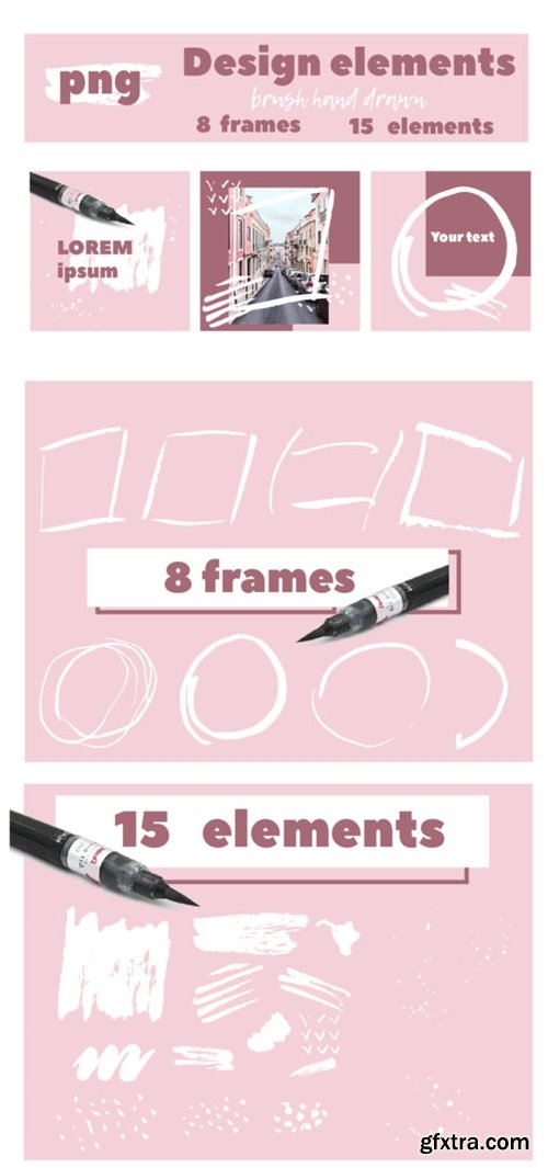 Set of Brush Textured Elements and Frame 3714933