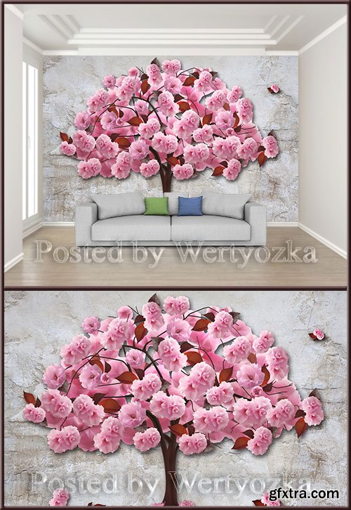 3D psd background wall romantic pink cherry