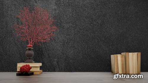 Decorative objects, old books and vases over black wall, japanese style Psd