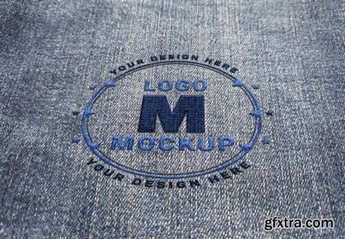 Logo mockup stitched on denim fabric texture Premium Psd