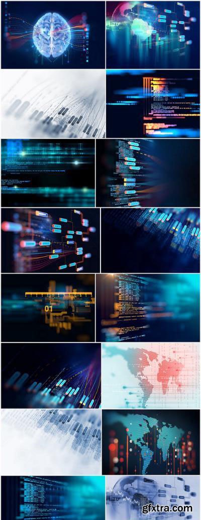 Big data futuristic visualization abstract illustration – Set of 16xUHQ JPEG Professional Stock Images