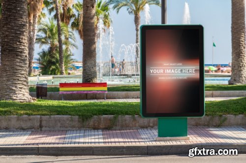 Outdoor billboard advertisement in seaside resort city mockup