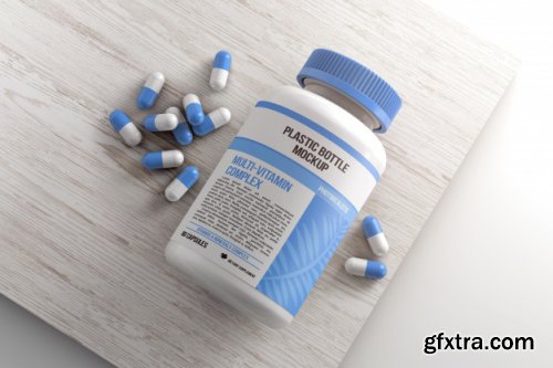 Bottle with pills on wooden surface mockup