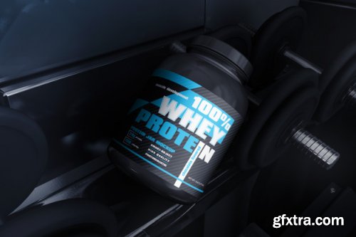 Plastic protein jar in gym scene mockup