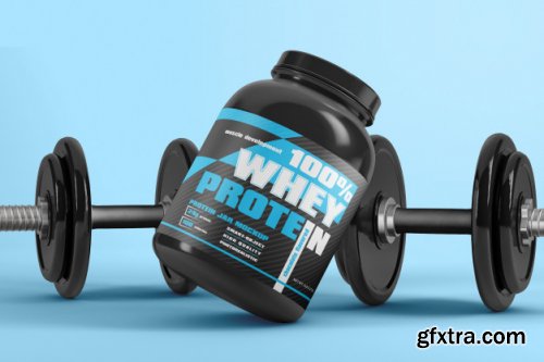 Protein powder supplement packaging with dumbbell mockup