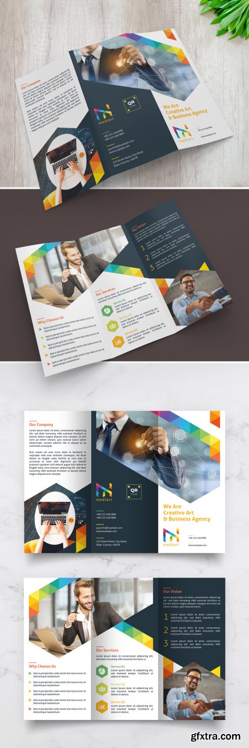 Trifold Brochure Layout with Colorful Design Elements 329175218