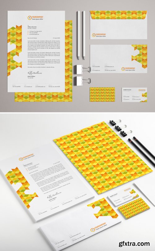 Stationery Set Layout with Colorful Pattern Elements 329175165