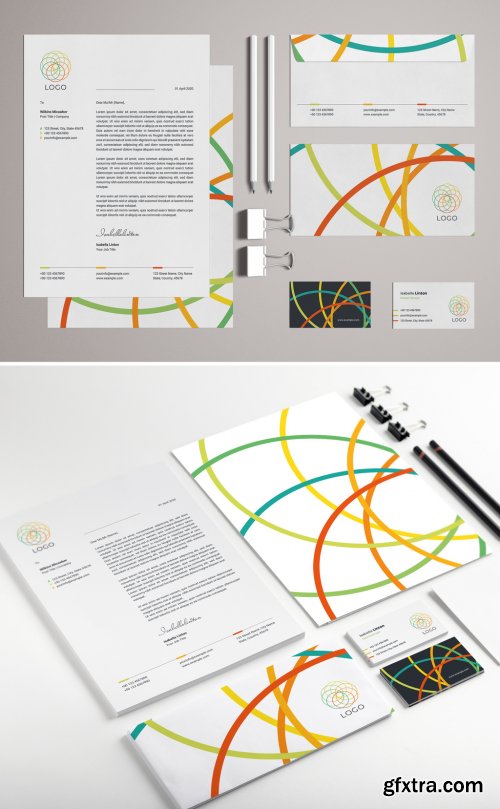 Stationery Set Layout with Colorful Logo Design Elements 329175156