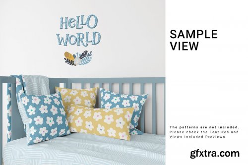 CreativeMarket - Baby Crib with Duvet & Pillows Set 4439570