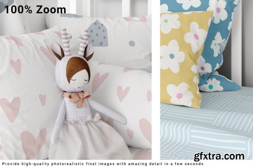 CreativeMarket - Baby Crib with Duvet & Pillows Set 4439570