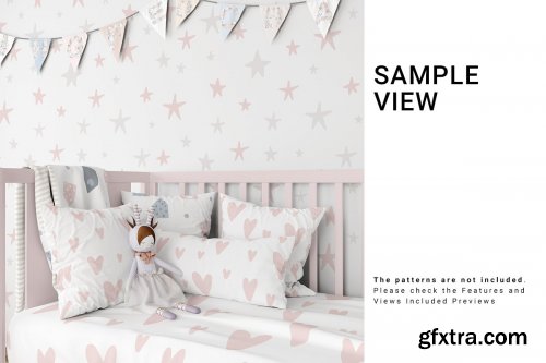 CreativeMarket - Baby Crib with Duvet & Pillows Set 4439570