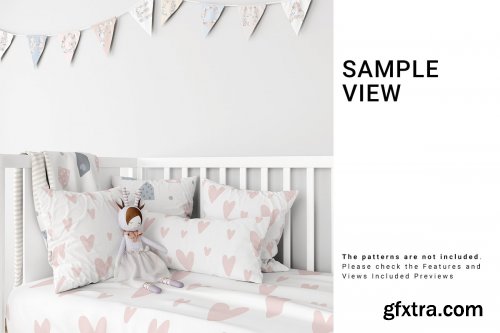 CreativeMarket - Baby Crib with Duvet & Pillows Set 4439570