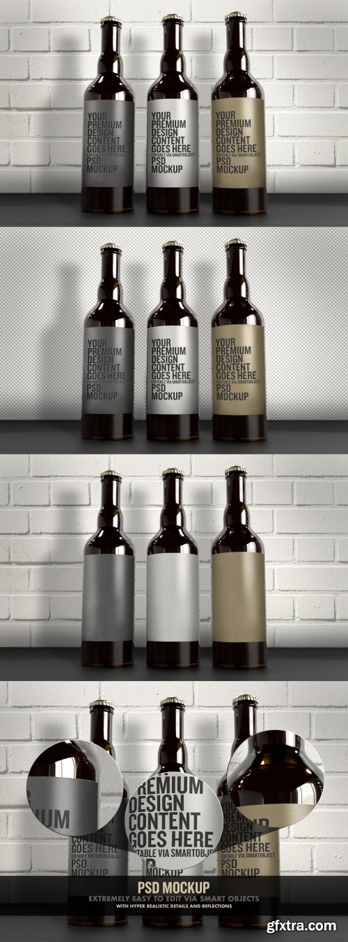  3 Beer Bottles Mockup with White Brick Wall 