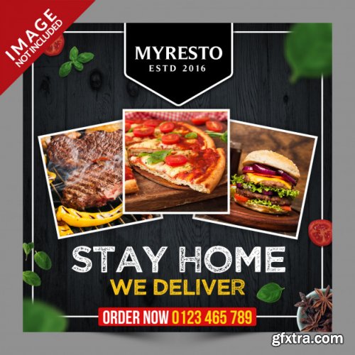 Stay home we deliver food, social media post psd template