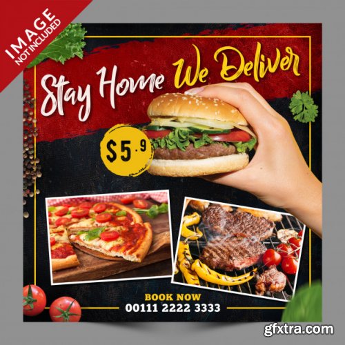 Stay home we deliver food, social media post psd template