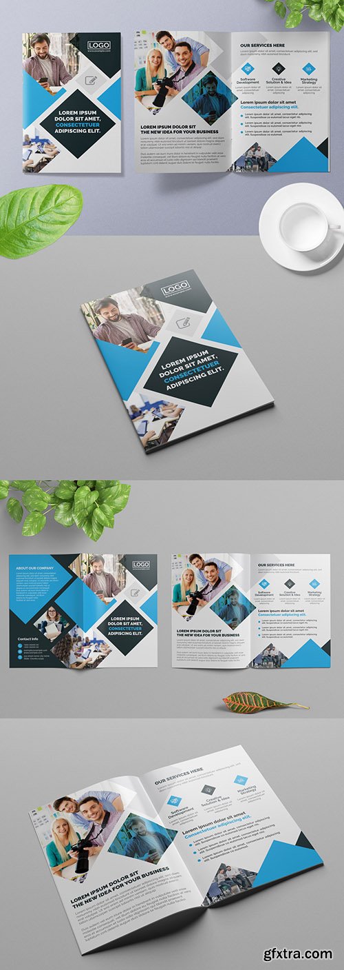Dark Blue Bifold Business Brochure Layout with Light Blue Accents 309429041