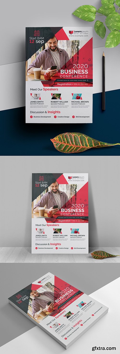 Conference Event Flyer Layout with Red Accents