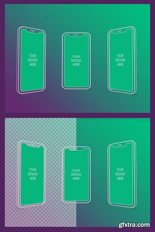 3 Wireframe Smartphones Screen Mockups with Transparent Background 337059928