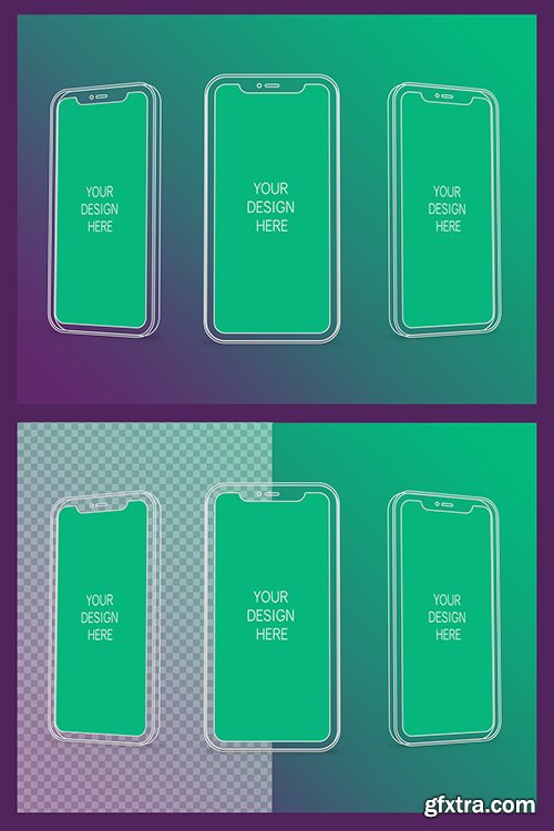 3 Wireframe Smartphones Screen Mockups with Transparent Background 337060187