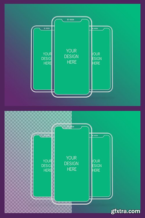 3 Wireframe Smartphones Screen Mockups with Transparent Background 337058987