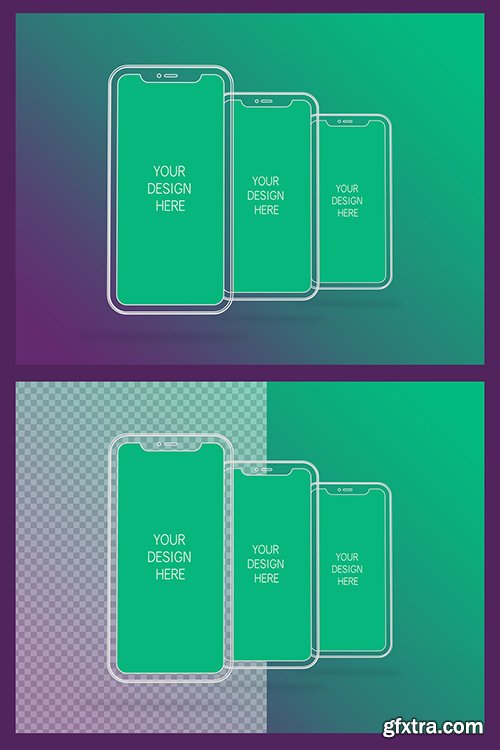 3 Wireframe Smartphones Screen Mockups with Transparent Background 337056964