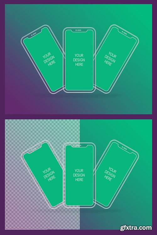 3 Wireframe Smartphones Screen Mockups with Transparent Background 337056004