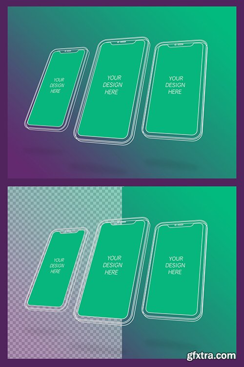 3 Wireframe Smartphones Screen Mockups with Transparent Background 337056267