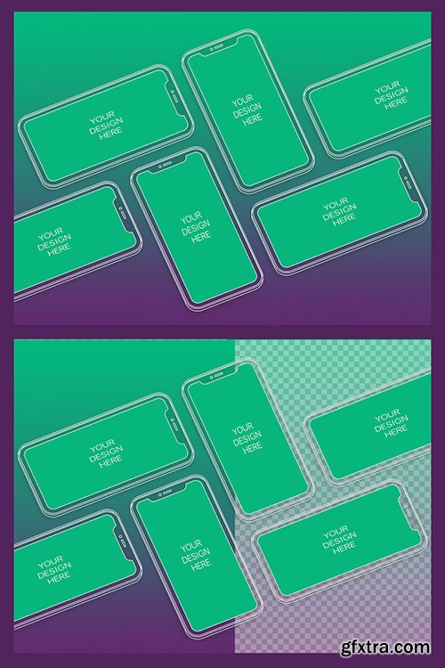 6 Wireframe Smartphones Screen Mockups with Transparent Background 337078812