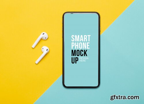 Black smartphone with screen and wireless earphones on yellow and blue background. Premium Psd