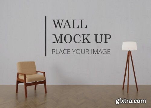Blank room wall mock up with wooden floor - single brown wooden chair and lamp Premium Psd