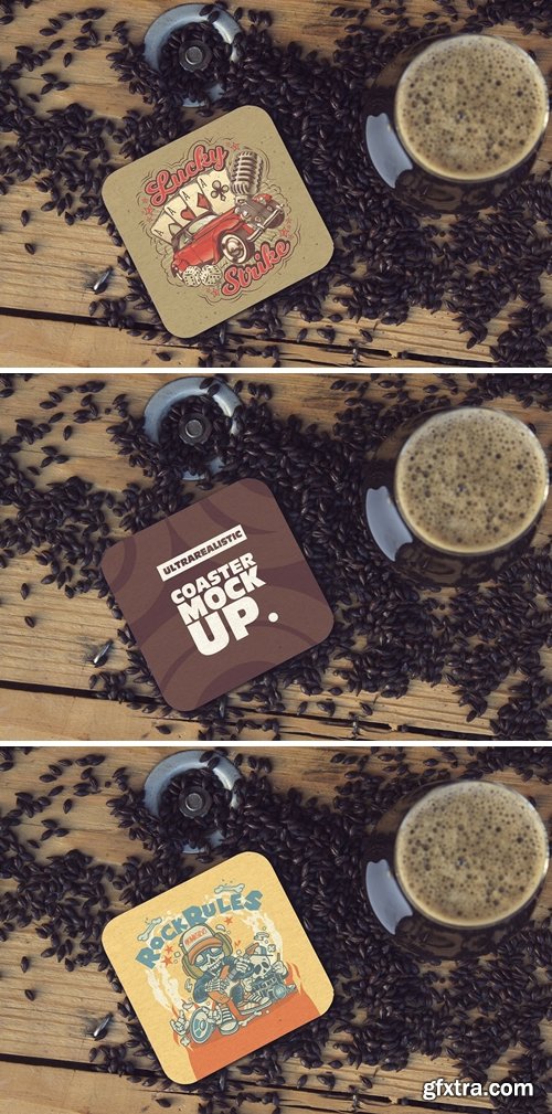 Square Coaster & Cup Black Malt Mockup