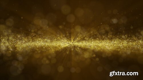 Glow golden dust particale glitter sparks abstract background for celebration with light beam and shine in center. fly through. Premium Psd