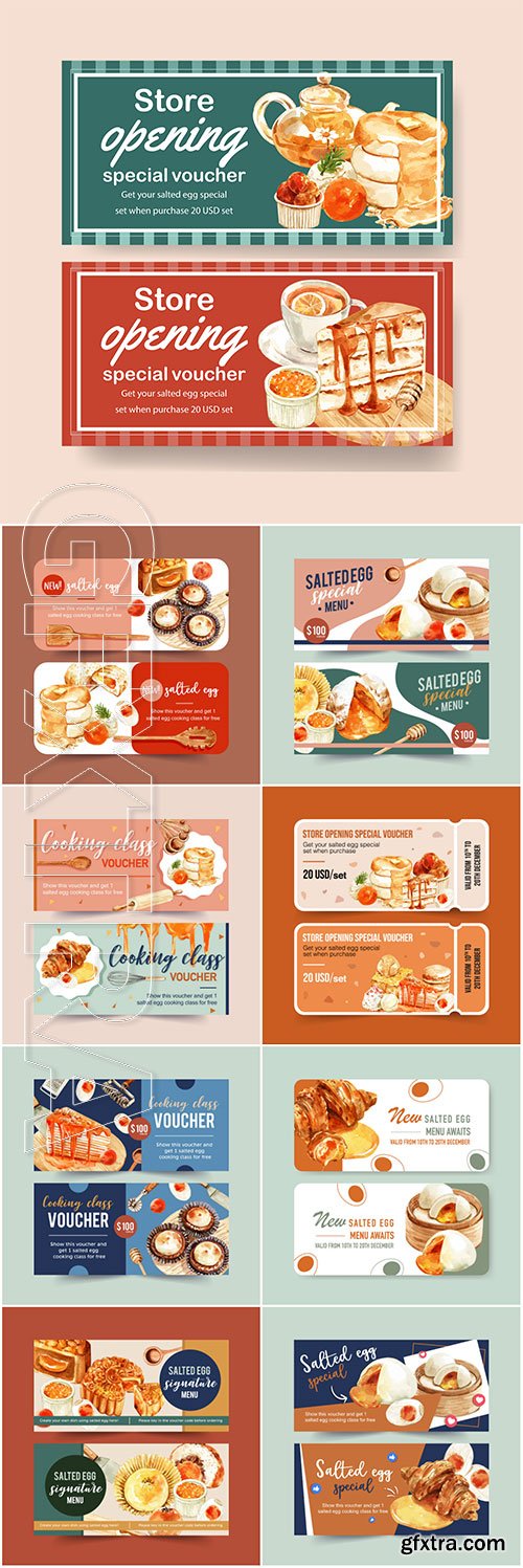 Salted egg voucher design with tea, pancake watercolor vector illustration