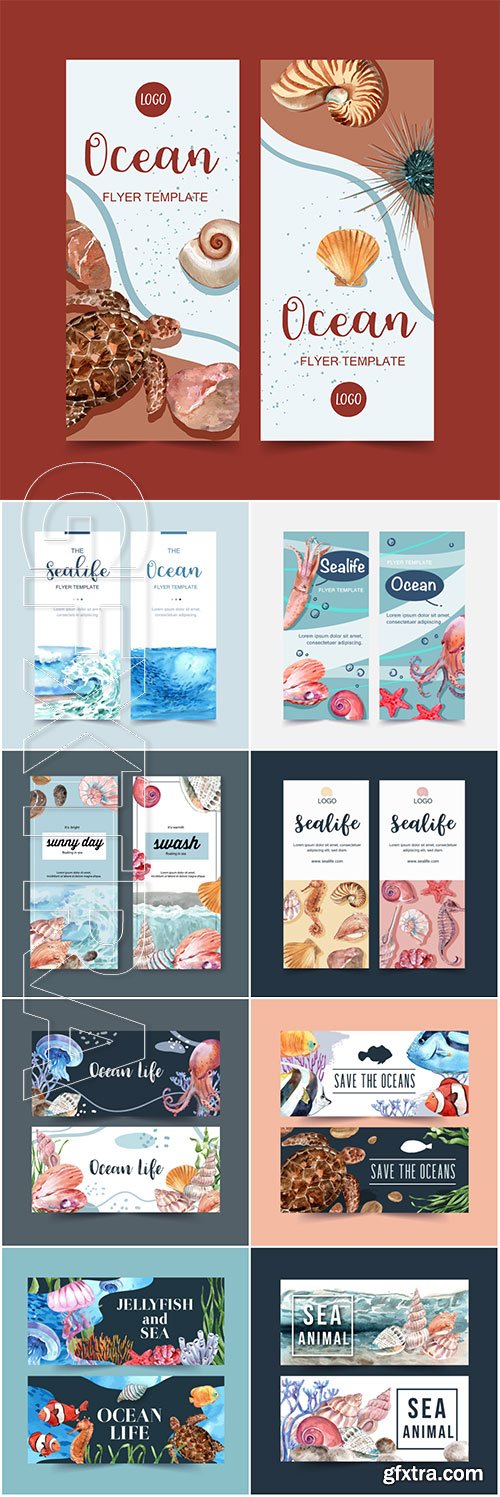 Banner sea concept, watercolor vector illustration template