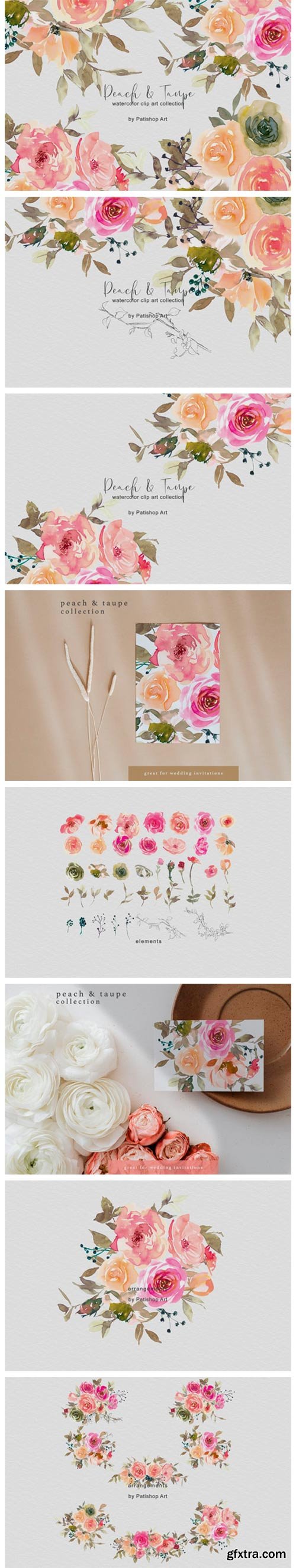 Peach & Taupe Floral Clip Art Watercolor 3860855