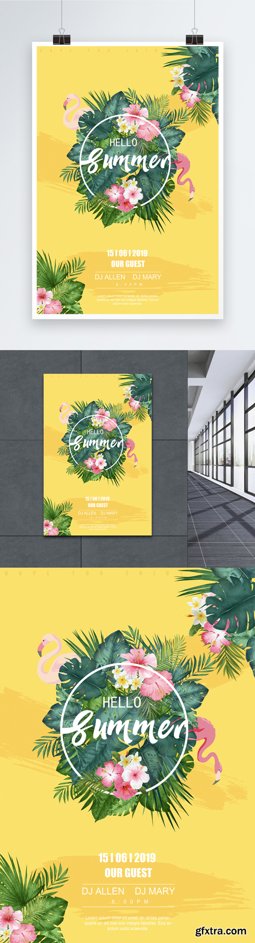 yellow tropical plant flamingo summer creative poster