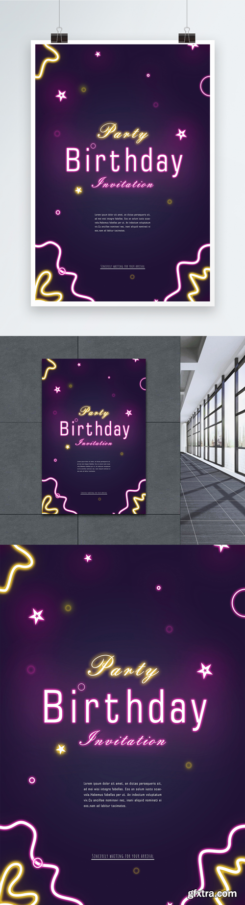 purple neon effect birthday party poster