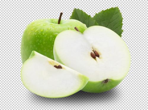 Ripe Whole Green Apple With Half And Leaf. Premium PSD